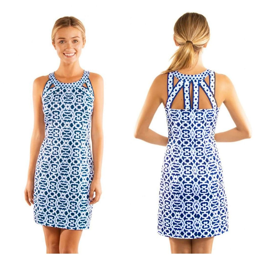 Gretchen Scott Isosceles cut out printed Dress Size XS blue white Rio Gio